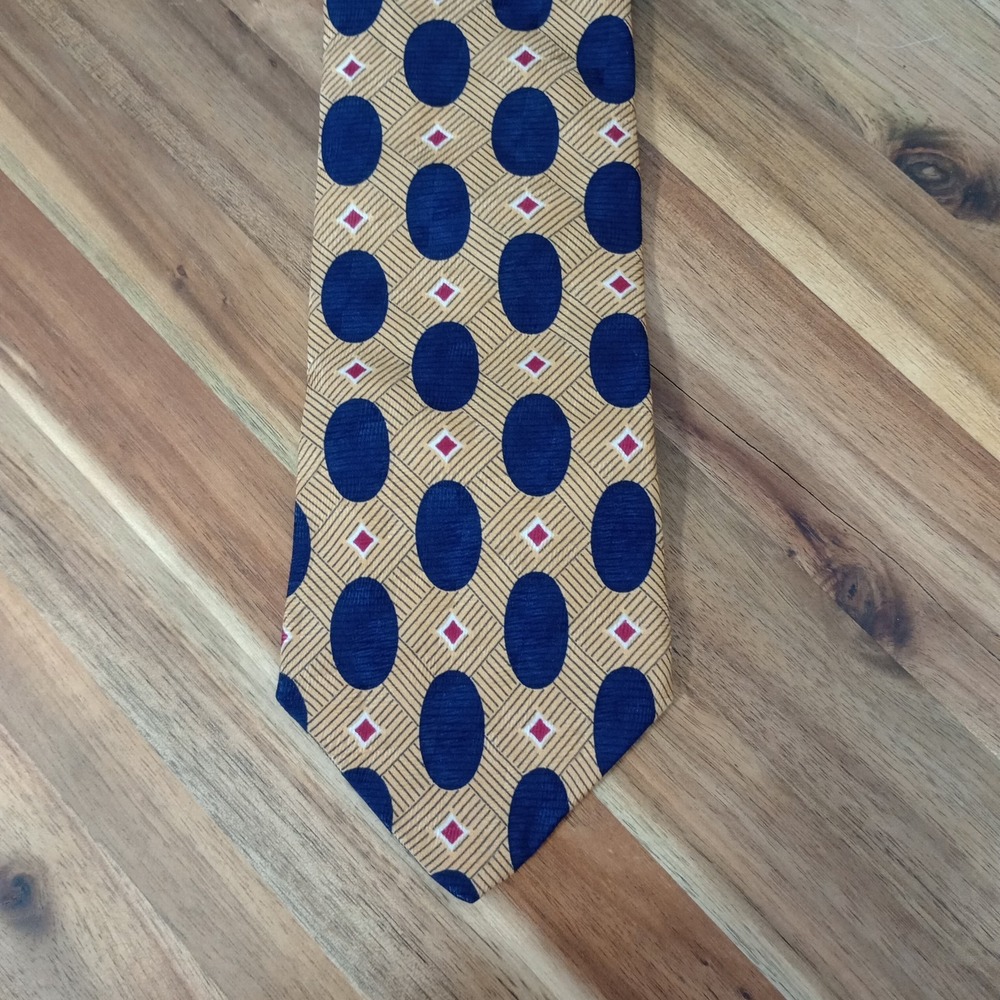 Lands End Tie Necktie 100% Silk Yellow Gold Blue Burgundy Geometric Abstract USA